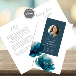 May include: A funeral program template featuring a dark teal rectangular panel with a circular photo of a smiling person, the text In Loving Memory of Christine Charlton, and dates. The design includes watercolor blue flowers and obituary text.