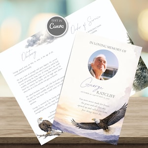 Eagle Funeral Program Template Editable Nature Memorial Flyer Patriotic Celebration of Life Booklet Printable Order of Service Bifold
