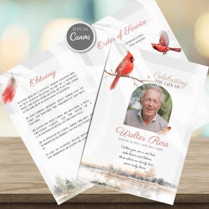May include: A funeral program template featuring a red cardinal bird, a feather, and a landscape illustration. The text includes "Order of Service," "Obituary," "Celebrating the Life of Walter Ross," and dates. A circular photo of a man is included.