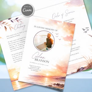 May include: A funeral program template featuring a watercolor sunset beach scene with a circular photo frame. Text includes IN LOVING MEMORY OF, Glenn Branson, October 06, 1958 to May 07, 2026, Obituary, and Order of Service with birds flying.