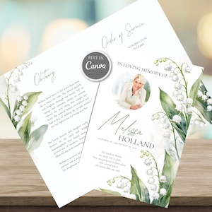 May include: A funeral programme template featuring watercolour lily of the valley illustrations, a circular photo frame, and text including "In Loving Memory Of," "Melissa Holland," "Obituary," and "Order of Service" with an "Edit in Canva" badge.
