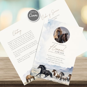 May include: A funeral program template featuring a watercolor landscape with running horses, a circular photo of a person on horseback, and the text "In Loving Memory of Hannah Sawyer" with dates and an obituary section on a separate page.