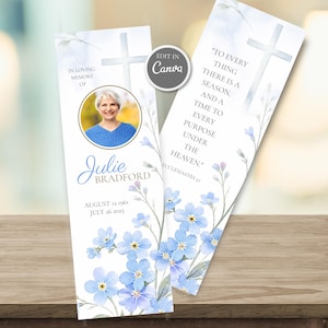 May include: Two funeral program bookmarks featuring light blue watercolor forget-me-not flowers and a pale cross. One bookmark displays a circular photo of a person, the name Julie Bradford, dates, and the text In Loving Memory Of. The other shows Ecclesiastes 3:1.