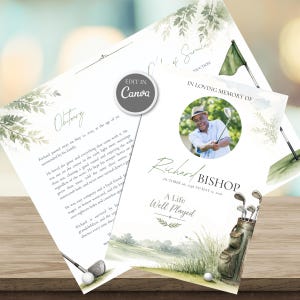 May include: A funeral program template featuring watercolor golf illustrations, a circular photo frame, and the text "In Loving Memory of Richard Bishop," "A Life Well Played," and "Obituary." The design includes a golf bag, clubs, and green foliage.