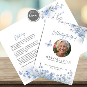 May include: A funeral programme template featuring blue forget-me-not flowers and a butterfly illustration. The front page displays the text Celebrating the life of, the name JOAN SULLIVAN, dates, and a circular photo. The inner page includes an obituary.