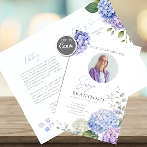 May include: A funeral program template featuring watercolor blue and purple hydrangea floral illustrations. The text includes "IN LOVING MEMORY OF", "Sonja BRANTFORD", "OCTOBER 06, 1938 TO MAY 07, 2016", "Obituary", and "Order of Service". A circular photo of a person is included.