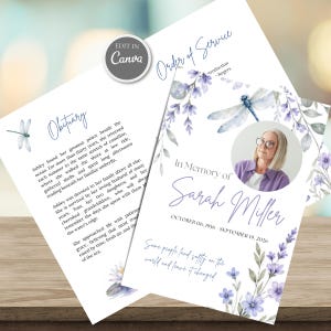 Könnte beinhalten: Eine Trauerprogramm-Vorlage mit Aquarell-Lavendelzweigen und einer Libellen-Illustration. Der Text enthält 'Order of Service', 'Obituary' und 'In Memory of Sarah Miller' mit Daten. Ein kreisförmiger Fotoplatzhalter zeigt eine Person mit Brille.