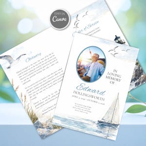 Nautical Sailing Memorial Program Template Coastal Memorial Ocean Funeral Order of Service Watercolor Bifold Celebrating Life Editable Canva