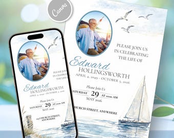 Nautical Sailing Funeral Evite Coastal Memorial Announcement Ocean Watercolor Digital Celebration of Life Printable Editable Canva
