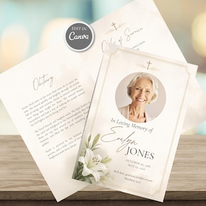May include: A funeral programme template featuring a portrait of an older woman in a circular frame, white lily illustrations, and the text In Loving Memory of Evelyn Jones, October 06, 1986, May 07, 2026, and Matthew 25:21, with an obituary section.