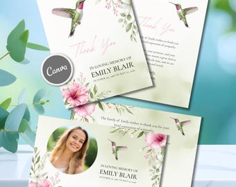 Tarjetas de agradecimiento conmemorativas, colibrí, acuarela, foto funeraria, flores, planas, condolencias, celebración de la vida, duelo, editables en Canva