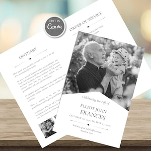 May include: A funeral programme template featuring a black and white photograph of an older person holding a young child. The document includes the text "Celebrating the Life of ELLIOT JOHN FRANCES," "OBITUARY," and "ORDER OF SERVICE" in black serif font.
