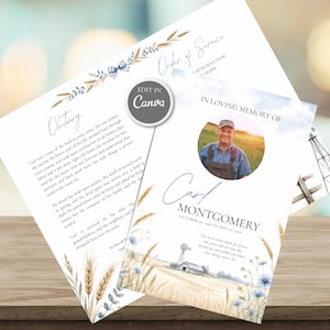 Peut inclure: Un modèle de programme funéraire avec une illustration aquarelle d'un champ de blé, d'un moulin à vent et d'une grange. Le texte inclut "In Loving Memory Of", "Carl Montgomery" et "Obituary". Un cadre photo circulaire montre un homme en salopette.