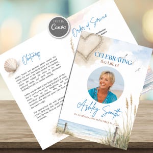 May include: A funeral program template featuring a beach theme with watercolor illustrations of sand, grass, and a seashell. The text includes "Celebrating the Life of," "Ashley Smith," "Obituary," and "Order of Service" with dates.