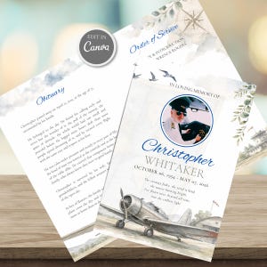 Peut inclure: Un modèle de programme funéraire avec une illustration à l'aquarelle d'un avion vintage sur une piste, une photo circulaire d'un pilote et le texte "In Loving Memory of Christopher Whitaker" avec les titres "Obituary" et "Order of Service".