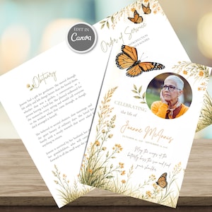 May include: A funeral program template featuring watercolor illustrations of orange monarch butterflies and yellow wildflowers. The design includes a circular photo placeholder, the text "Celebrating the life of Joanne McInnis," an obituary section, and an order of service.