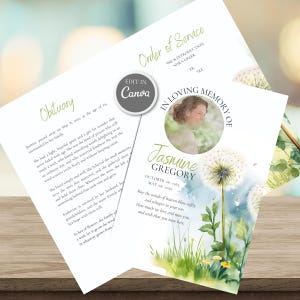 Peut inclure: Un modèle de programme funéraire avec des illustrations aquarelles de pissenlits, de l'herbe verte et des accents bleus. Le texte inclut "Order of Service", "Obituary", "In Loving Memory of Jasmine Gregory" et des dates. Un espace photo circulaire est présent.