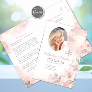 May include: A funeral programme template featuring soft pink watercolour floral accents and a central oval photo frame. The text includes "In Loving Memory of Adeline Addy Hollinger," dates, and an obituary section. The design has a light, ethereal aesthetic.