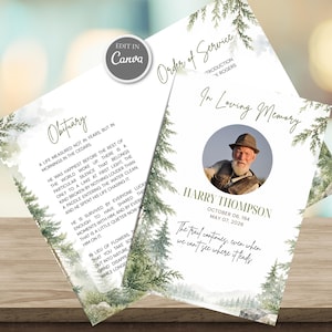 May include: A funeral program template featuring watercolor pine tree illustrations, green text, and a circular photo of a person wearing a hat. The text includes "In Loving Memory," "Harry Thompson," "Obituary," and "Order of Service" with an "Edit in Canva" badge.