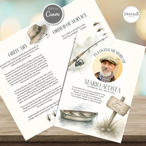 Può includere: Un modello di programma funebre con illustrazioni ad acquerello di una canna da pesca, una barca, un cappello e un cartello in legno con la scritta Gone Fishing. Il testo include In Loving Memory of Mario Acosta, Order of Service e un necrologio per Ray Callahan.