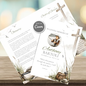May include: A funeral programme template featuring a watercolour fishing theme with a wooden cross, a fishing rod, a wicker basket, and a circular photo frame. The text includes "In Loving Memory of Anthony Bartoli," "Obituary," and "Order of Service."