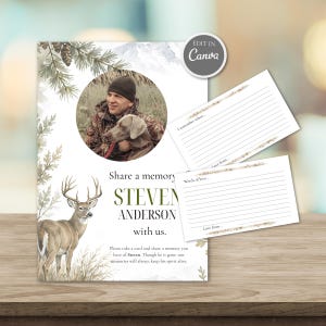 May include: A memorial memory card set featuring a circular photo of a person with a dog, a watercolor deer illustration, and pine branches. The text reads Share a memory of STEVEN ANDERSON with us, I remember when, and Words of love.