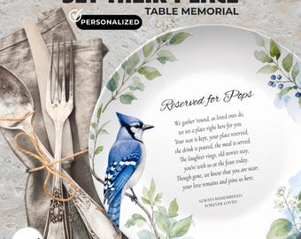 Plato conmemorativo para mesa, diseño de Blue Jay, recuerdo personalizado de duelo, en memoria de un ser querido, condolencia personalizada, aniversario de recuerdo.
