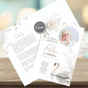 Puede incluir: Una plantilla de programa funerario con fondo blanco, ilustraciones florales suaves, una foto circular de una persona mayor y un cisne en el agua. El texto incluye "In Loving Memory of Pauline Carrera" y "Obituary."