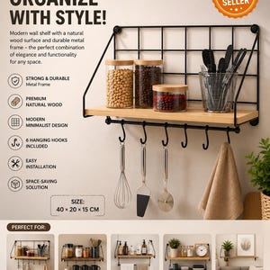 Puede incluir: Estantería de pared moderna con superficie de madera natural y marco de metal duradero. La estantería incluye seis ganchos para colgar y mide 40 x 20 x 15 cm. Diseñada para la organización de cocina, baño y oficina, y decoración moderna.