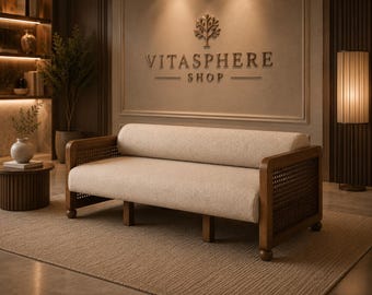 Handmade Wooden Sofa – Bouclé Fabric, Minimalist Living Room Furniture