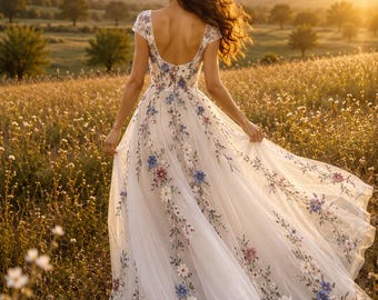 Boho Floral Wedding Dress, Embroidered Tulle Bridal Gown, Wildflower Wedding Dress, Cottagecore Bride, Garden Wedding Dress