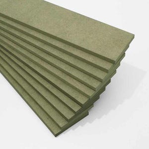 May include: A pile of olive-green rectangular wood boards. The boards are stacked, showing their edges and textured surfaces. These boards are likely for building or craft purposes.
