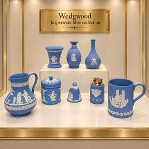 May include: A collection of blue and white Wedgwood Jasperware items including a pitcher, a lidded jar, a bell, a lighter, and a mug, all featuring classical white relief figures. A sign above reads Wedgwood Jasperware blue collection.