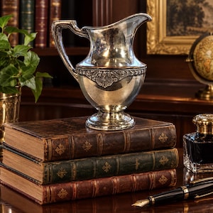 May include: A silver-toned metal pitcher featuring a curved handle, a wide pouring spout, and a decorative embossed band around the center. The pitcher has a polished, reflective surface and sits on a pedestal base with a rounded, tapered body.