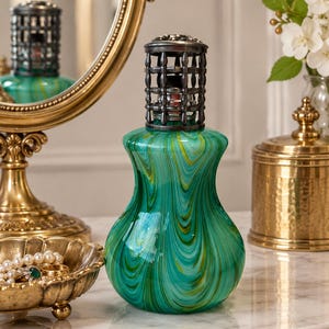 Vintage La-Tee-Da! Effusion Fragrance Lamp, Swirl Art Glass, Metal Crown (8" H)