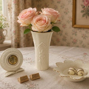 May include: A cream-colored ceramic vase containing three pale pink roses, a round cream-colored clock with a gold face, a scalloped cream-colored dish with gold trim holding two white chocolates, and two small gold-wrapped Godiva chocolate squares.