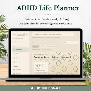 Könnte beinhalten: Ein Laptop-Bildschirm zeigt die ADHD Life Planner-Oberfläche mit beigem Hintergrund, Seitenmenü, Suchleiste und einem Dashboard mit dem Text Welcome back—let's get organised, einer Uhrzeit von 22:59 Uhr und einer grafischen Musterung.