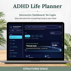 May include: A laptop screen displaying the ADHD Life Planner interface with a dark blue theme. The dashboard features sections for tasks, a calendar, and a mission time clock. Text includes Structured Space, Interactive Dashboard, No Login.