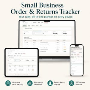 May include: A digital Small Business Order & Returns Tracker displayed on a laptop, tablet, and smartphone. The interface shows a dashboard with order metrics, recent activity tables, and navigation tabs. Text includes "Small Business Order & Returns Tracker" and "Your calm, all-in-one planner on every device" with four feature icons below.