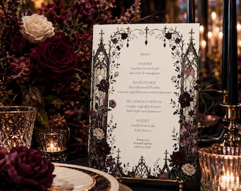 Plantilla de menú para boda gótica, diseño de vidrieras, tarjeta editable en Canva (5x7 4x9)