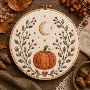 May include: A circular wooden embroidery hoop containing off-white fabric with hand-stitched embroidery. The design features a central orange pumpkin, a golden crescent moon, a small red heart, and two symmetrical leafy branches with red berries.