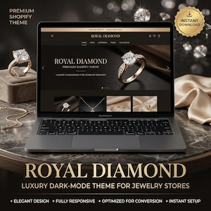 Peut inclure: Un ordinateur portable affichant un site web intitulé Royal Diamond avec une interface en mode sombre présentant des images de bijoux. L'écran montre une bague en or avec un gros diamant, des menus et du texte. Une bague en or est posée à côté.