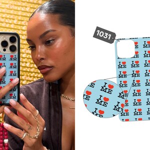 May include: A light blue phone case featuring a repeating pattern of the text I LOVE ME, where the word LOVE is replaced by a red heart symbol. The case has a black border and a cutout for the camera lens, with a small tag labeled 1031 attached.