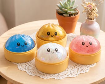 Squishy Dumpling Stress Toy with Basket Base - Cute Kawaii Desk Fidget, Sparkly Silicone Stress Relief Ball, Pastel Anxiety Aid