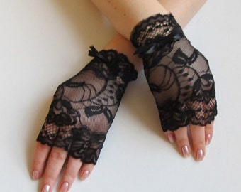 Lace Black Fingerless gloves,Black Stretch Lace Short Gloves,Black Ribbon,