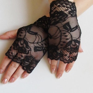 Lace Black Fingerless gloves,Black Stretch Lace Short Gloves image 1