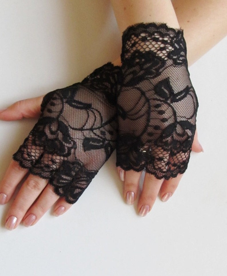Lace Black Fingerless gloves,Black Stretch Lace Short Gloves image 1