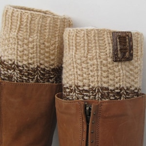 Knit Boot Cuff, 2 in 1 Knit Boot Cuff, beige / beige and brown color, wellies boot cuff, leg warmers, image 1