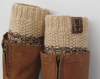 Knit Boot Cuff, 2 in 1 Knit Boot Cuff, beige / beige and brown color, wellies boot cuff, leg warmers,