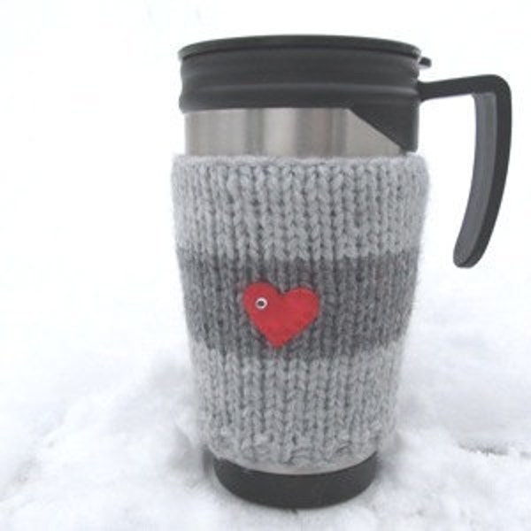 Christmas Coff Cozy, Knitted Grey Mug Cozy,Grey striped mug/ cup cosy with red heart, ideal valentines gift,